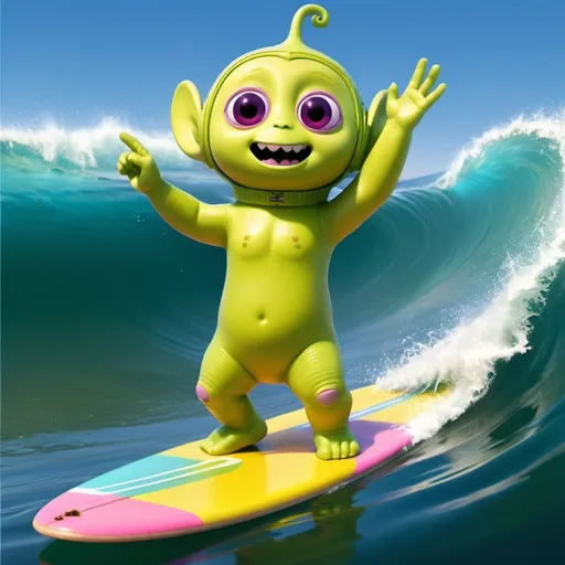 Prompt: Fantasy illustration of a cute teletubbie-style alien creature riding a colorful surfboard on a large ocean wave in Malibu, giving the hang ten sign, vibrant and colorful, high quality, fantasy, cute creature, surfboard, ocean wave, Malibu, vibrant colors, dynamic single foot pose, detailed illustration, fantasy style, cheerful atmosphere, sunny day, whimsical, magical lighting