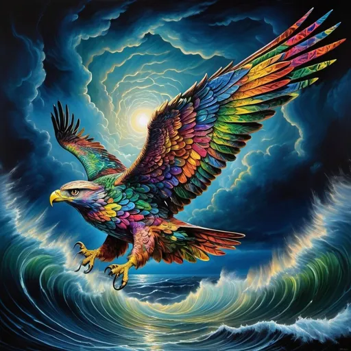 Prompt: Psychedelic contemporary artwork in the style of  Damien Hirst close up view of sea hawk far out at sea in tremendous storm at night, lightning, Rembrandt  transformation, centered, painted, symmetry, intricate, volumetric lighting,astrophotography, rich deep colors, ultra detailed, sharp focus, beautiful masterpiece, psychedelic, contemporary, transformation, symmetry, intricate details