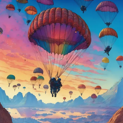 Prompt: Intense view of parachutes in the brilliant colored sky floating down to earh with brilliant multicolored hues, a parachute up close up, with towering crystals, Moebius style, manga, cel shaded, vibrant colors, intricate details, luminous lighting, highres, ultra-detailed, underwater, art nouveau, manga, cel shaded, intense blues, towering crystals, vibrant, luminous lighting