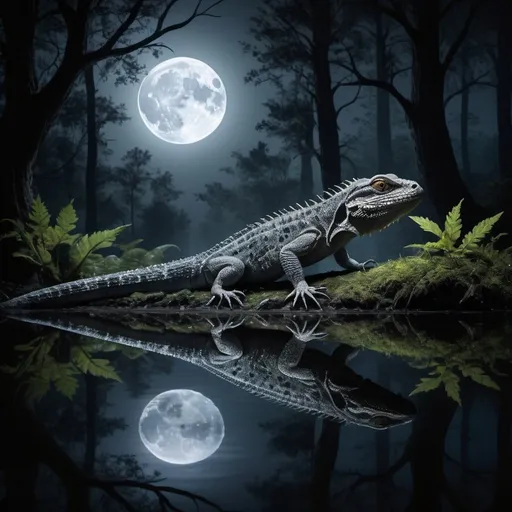 Prompt: Moonlit forest scene with water reflection, eerie lizard creature, dark and mysterious, highres, detailed water ripples, moonlit, stars reflecting, deep forest, eerie lizard, detailed scales, atmospheric lighting, night scene, mysterious ambiance