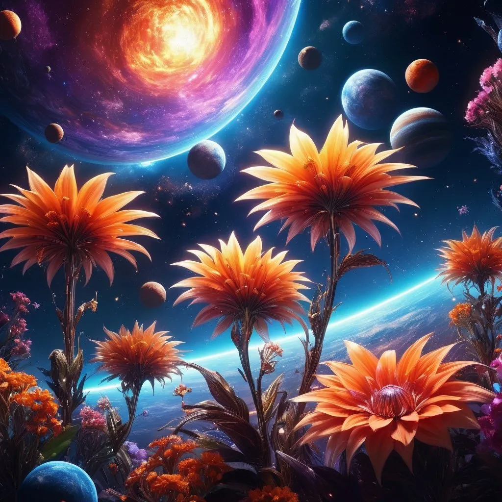 Prompt: Planetary space scene with epic cinematic brilliance, space flowers, stunning intricate details, maximalist digital gauche painting, dramatic atmosphere, high quality, brilliant colors, intricate details, maximalist, cinematic, planetary space, digital painting, dramatic atmosphere, atmospheric lighting