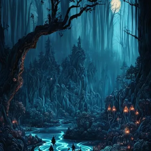 Prompt: Dark forest with glowing river, small dark gargoyle like creatures, fireflies, moonlit flowers, highres, fantasy, ethereal lighting, detailed nature, mystical, moonlit river, enchanting atmosphere, glowing flora, serene, dreamlike, fantasy creatures, moonlit scene, magical beings, surreal, whimsical, illuminated hill, mystical setting, moonlit landscape, fairytale, vibrant colors, soft moonlight