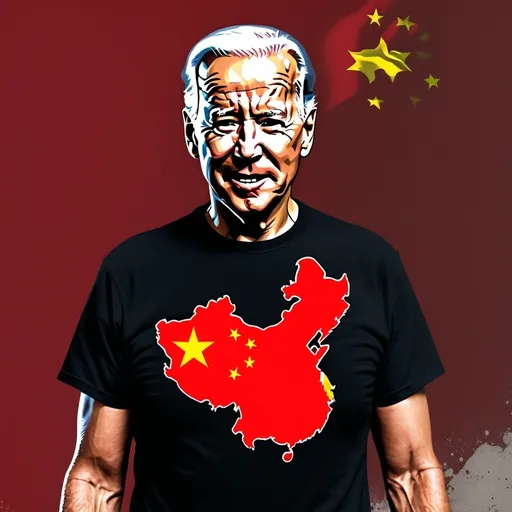 Prompt: President Joe Biden wearing a tshirt with China flag on front ,as the face of evil, evil mad expression on face, wearing a tshirt with Chinese flag on front of it, dirty rotten bastard, China flag backdrop, evil intent, 