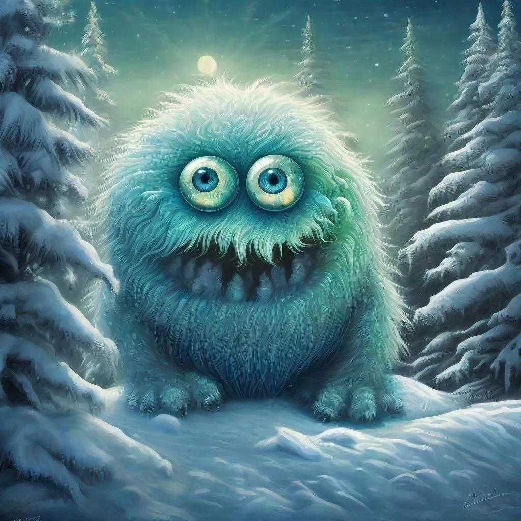 Prompt: Moonlit cute snow monster in surrealism style, blue-green eyes, muted whites and blues, bright moon, colorful snowy forest, detailed fur with surreal reflections, intense and mysterious gaze, surrealism, bright moonlight, snowy landscape, detailed eyes, surreal design, high quality, surreal, moonlit, detailed fur, mysterious, bright moon, snowy forest, surrealism style, intense gaze, surreal lighting