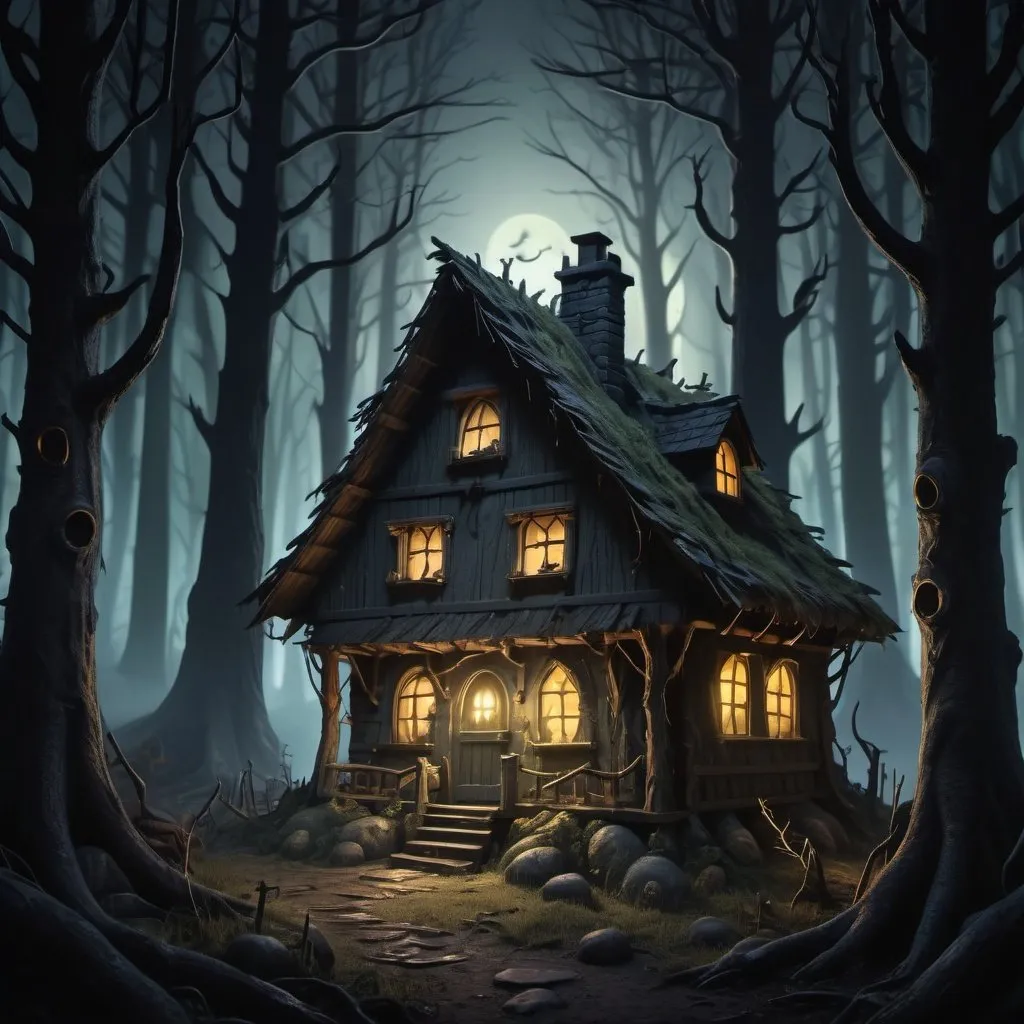 Prompt: Spooky woodland goon with eerie glowing eyes, thick wooded stand of trees, small cottage with firelight glowing in windows, muted moonlight, deep forest, high quality, dark and eerie, detailed eyes, atmospheric lighting