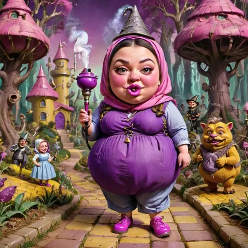 Prompt: Cartoon-style illustration of the Wizard of Oz story, chubby purple hookah with cartoon eyes and mustache, girl in pink hijab, journeying on a yellow brick road, fantastical forest creatures, vibrant color palette, whimsical and magical, detailed characters, high-quality, cartoon, fantasy, vibrant colors, detailed environment, enchanting lighting