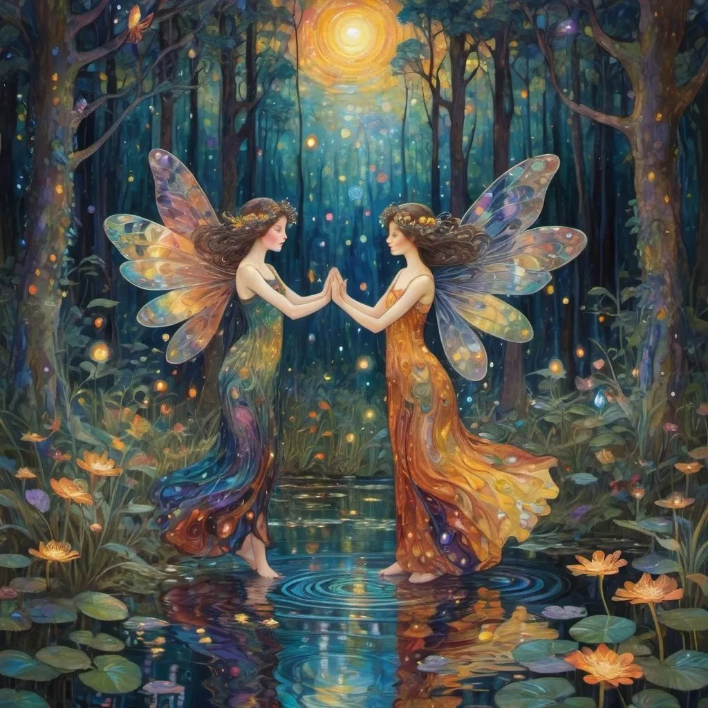 Prompt: small winged fairies characters in the style of Klimt dancing in deep dark multicolor forest,Amidst a quiet forest glade, fireflies in the background around the waters of a serene pond shimmer with kaleidoscopic reflections of the changing sky above. Each ripple, a testament to the wind's whisper, reshapes the radiant colors, embodying the transient nature of introspection. 