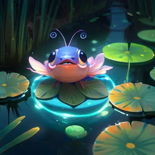 Prompt: large neon firefly on a lilypad in a koi fish pond in the forest, colorful, environment concept art, nighttime  ethereal anime, high detail Impressionist style, dreamy light color palette, style of studio ghibli and moebius, concept art stunning atmosphere, trending on artstation, volumetric light, illustration, painting, watercolor, hyper realistic, intricate detail