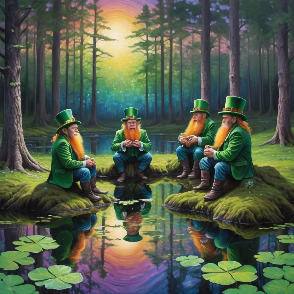 Prompt: gang of leprechaun characters in deep dark multicolor forest,Amidst a quiet forest glade, the waters of a serene pond shimmer with kaleidoscopic reflections of the changing sky above. Each ripple, a testament to the wind's whisper, reshapes the radiant colors, embodying the transient nature of introspection. 