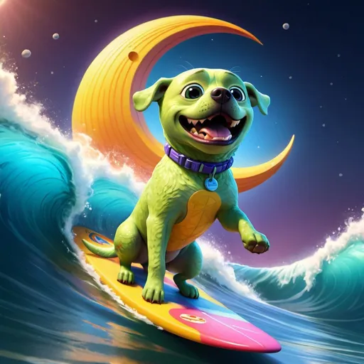 Prompt: Fantasy illustration of a cute moon doggie creature surfing on the moon ocean, vibrant and colorful, high quality, fantasy, cute creature, surfboard, ocean wave, vibrant colors, dynamic pose, detailed illustration, fantasy style, cheerful atmosphere, sunny day, whimsical, magical lighting