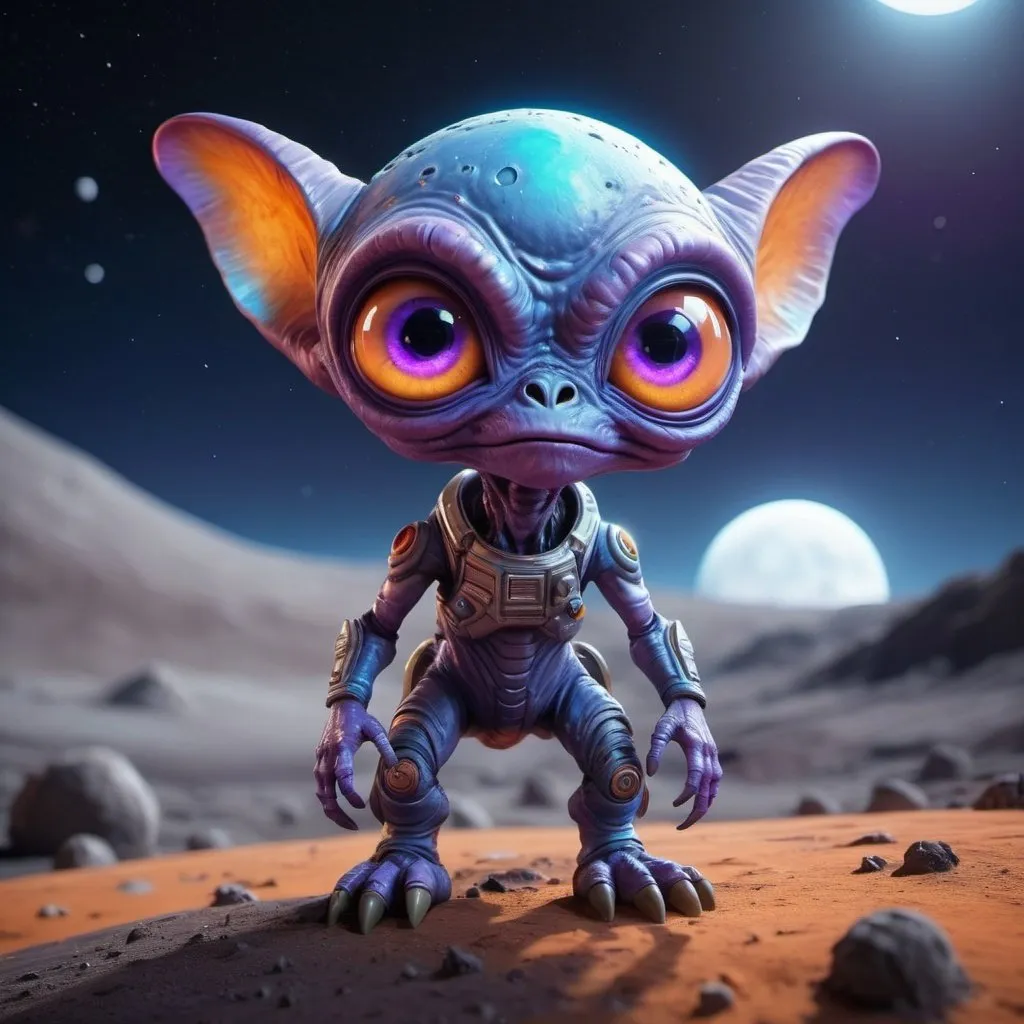 Prompt: ((best quality)), ((illustration)), ((masterpiece)), bright  colors, unreal engine, highres, cute alien creature on the surface of the moon, glowing blue orange and purple; highly detailed