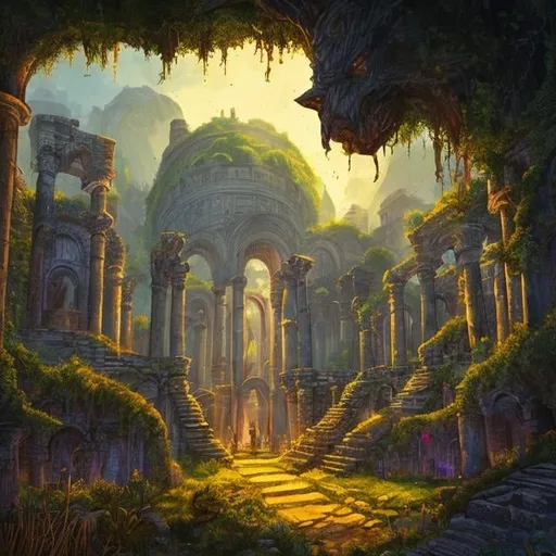 Prompt: Science-based fantasy adventure illustration, path to well being, lush greenery, magical energy, ancient ruins, mysterious artifacts, high quality, detailed, fantasy, adventure, vibrant colors, mystical lighting