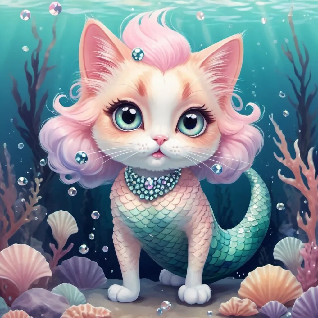 Prompt: Kawaii mermaid calico cat, pastel-colored scales, fluffy tail, bling, big expressive eyes, whimsical underwater scene, high quality, digital painting, cute, pastel colors, dreamy lighting