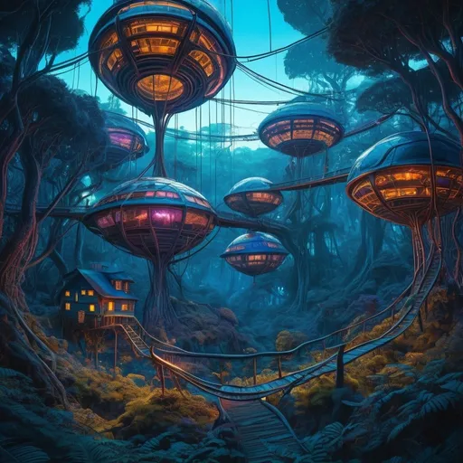 Prompt: Spherical alien houses suspended in blue forest canopy, rickety bridges, psychedelic, Moebius style, mysterious lights, surreal, detailed, vibrant colors, intricate designs, atmospheric lighting, highres, sci-fi, fantasy, surreal, alien settlement, suspended houses, mysterious lights, psychedelic imagery, Moebius style, intricate details, vibrant color tones, atmospheric lighting