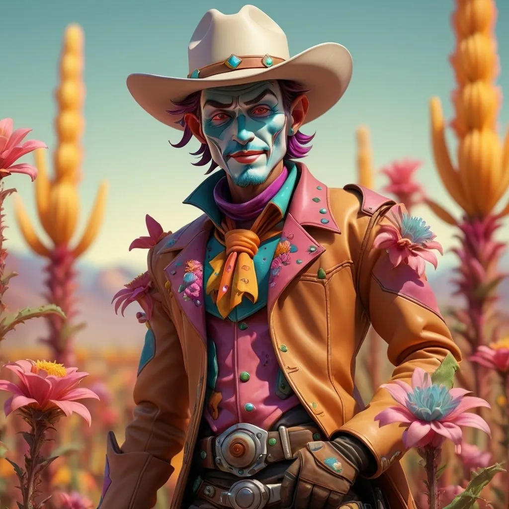 Prompt: Cowboy jester, surreal floral landscapes, high-tech cultivation, cybernetic workers, best quality, highres, ultra-detailed, futuristic, warm ambient lighting, aesthetics, ambient lighting, surreal, cybernetic, floral landscapes, cowboy jester, high-tech cultivation, detailed, warm tones