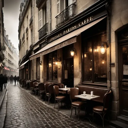 Prompt: Grungy Parisian cafe on a bustling street, colorful, dark and moody atmosphere, vintage sepia tones, steam rising from espresso cups, worn leather chairs, dimly lit, classic French architecture, cobblestone streets, high contrast, atmospheric lighting, old-world charm, gritty urban, street corner, vintage, sepia tones, moody atmosphere, espresso steam, worn leather, dimly lit, French architecture, cobblestone streets, high contrast