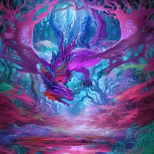Prompt: Asian inspired cute friendly multicolored dragon lurking in deep dark forest with trees and large pool of water, vibrant colors, swirling patterns, detailed scales and textures, high quality, digital painting, surreal, neon tones, otherworldly atmosphere, glowing eyes, multi-dimensional, intense and immersive, fantasy, psychedelic, vibrant colors, detailed scales, surreal, neon tones, immersive lighting