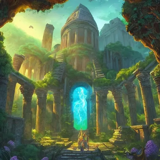 Prompt: Science-based fantasy adventure illustration, lush greenery, ancient ruins, mysterious artifacts, magical energy, path to well being, vibrant colors, mystical lighting, high quality, detailed, fantasy, adventure, ancient, nature, vibrant colors, mystical lighting