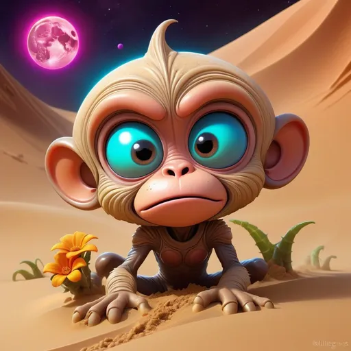 Prompt: violent bright Moon storm , space monkey aliens cartoon creatures , sand storm action on the sand waves on Mars, vibrant colors, playful demeanor, alien flowered landscape, otherworldly plants, best quality, high resolution, vibrant, cartoon, cute, whimsical, otherworldly, playful, expressive eyes, alien landscape, vibrant colors, professional