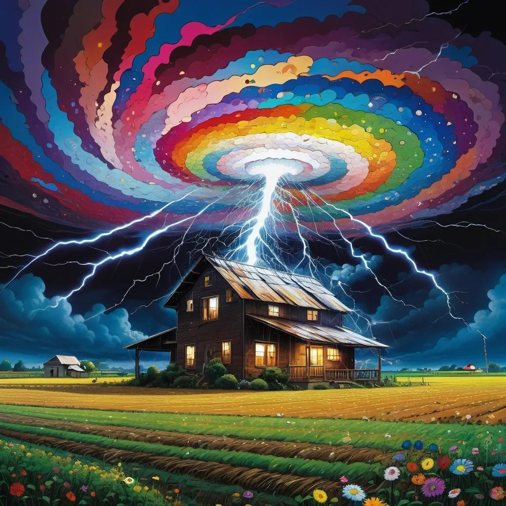 Prompt: Psychedelic contemporary artwork in the style of  Takashi Murakami close up view of farmhouse being hit with tornado in the middle of a farmer's field in a tremendous thunderstorm at night, lightning, centered, painted, symmetry, intricate, volumetric lighting,astrophotography, rich deep colors, ultra detailed, sharp focus, beautiful masterpiece, psychedelic, contemporary, transformation, symmetry, intricate details