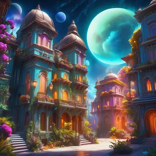 Prompt: Outer space town street scene on another planet, hyperbole, ornate buildings with multiple colors mixed plants and flowers, moonlit atmosphere, colorful and relaxed vibe, fantasy style, eerie lighting, ornate architecture, moonlight glow, fantasy, relaxed atmosphere, vibrant colors, otherworldly, fantasy vibe, ornate details, fantasy lighting, futuristic twist, exotic ambiance