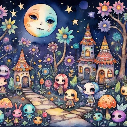 Prompt: Moonlit voodoo bohemian garden with small winged creatures, groovy patterns and colorful shapes, kawaii chibi, 16:9 watercolor painting, high quality, detailed, whimsical, vibrant colors, mystical moonlight, bohemian, voodoo, winged creatures, groovy patterns, colorful, watercolor, kawaii chibi, 16:9, moonlit garden, detailed illustration, professional, atmospheric lighting