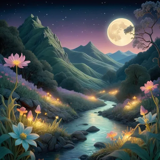 Prompt: Mountain with glowing river, in the style of William Morris, magical creatures, fireflies, moonlit flowers, highres, fantasy, ethereal lighting, detailed nature, mystical, moonlit river, enchanting atmosphere, glowing flora, serene, dreamlike, fantasy creatures, moonlit scene, magical beings, surreal, whimsical, illuminated hill, mystical setting, moonlit landscape, fairytale, vibrant colors, soft moonlight, illustration, photograph