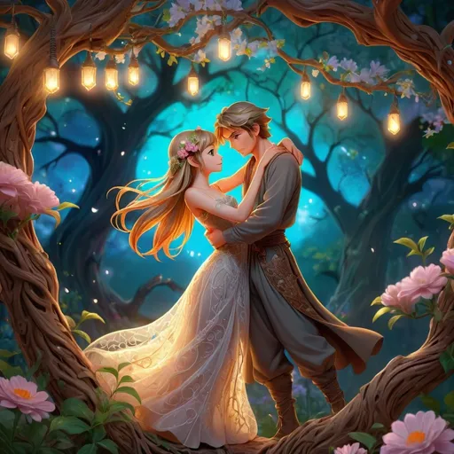 Prompt: Anime digital painting of a romantic and mystical scene, intricate pose with highly detailed filigree, complex background with tree branches and flowers, dynamic lighting and glowing lights, best quality, highres, ultra-detailed, anime, romantic, mystical, cute, fantasy, dynamic lighting, intricate pose, complex background, digital painting