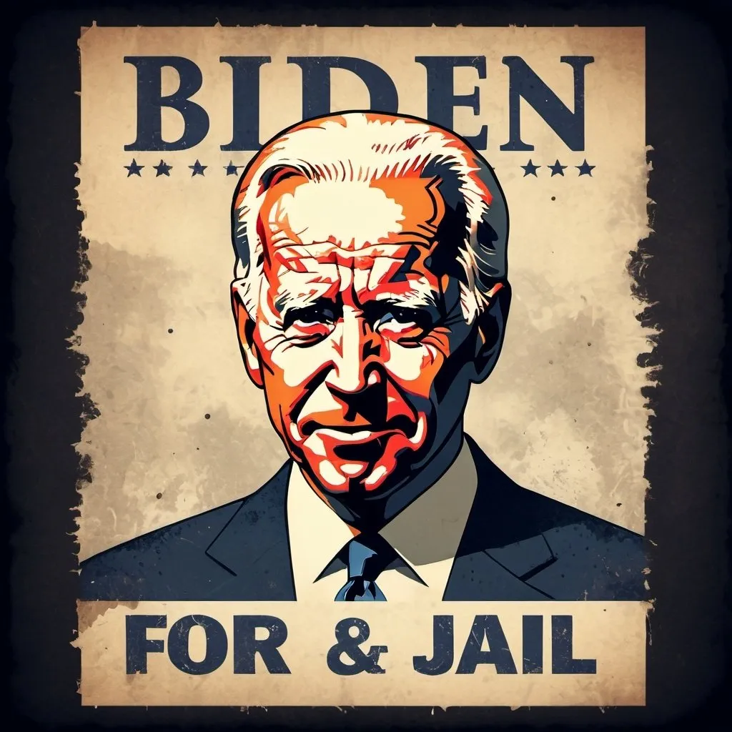 Prompt: Misc-grunge style, 'Biden for Jail' poster, evil intent, gritty texture, distressed design, bold typography, dark and ominous color palette, political propaganda, decaying visuals, aged paper effect, high contrast, gritty details, professional, highres, dark and ominous, distressed design, bold typography