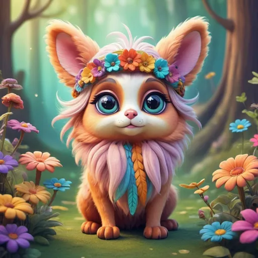 Prompt: High-quality digital illustration of a hippie style, ornate, cute and friendly animal mascot, vibrant and playful color palette, soft and cuddly fur texture, adorable big eyes, endearing expression, whimsical fantasy setting, magical fairy-tale environment, dreamy and enchanting atmosphere, 3D rendering, vibrant colors, fantasy, cute mascot, soft fur texture, big eyes, dreamy setting, magical atmosphere, high quality, vibrant color palette for a Memecoin