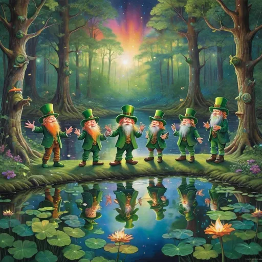 Prompt: gang of leprechaun characters in deep dark multicolor forest,Amidst a quiet forest glade, with fairies dancing in the background around the waters of a serene pond shimmer with kaleidoscopic reflections of the changing sky above. Each ripple, a testament to the wind's whisper, reshapes the radiant colors, embodying the transient nature of introspection. 