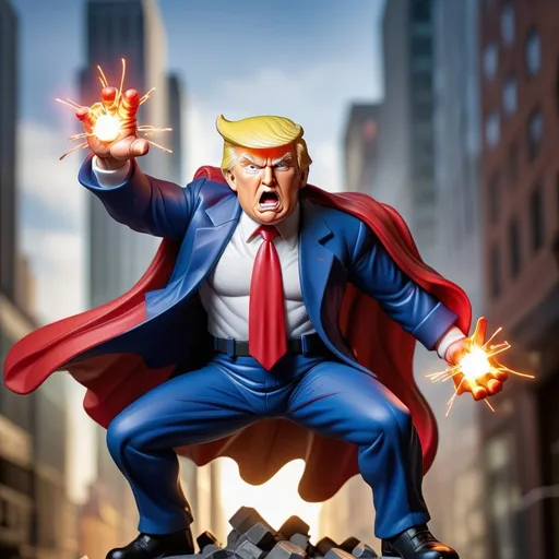 Prompt: Donald Trump hero figure, intense action scene, high-contrast colors, dynamic lighting, dramatic shadows, detailed cityscape, patriotic theme, heroic stance, vibrant and bold, high quality, comic book style, intense action, patriotic colors, dramatic lighting