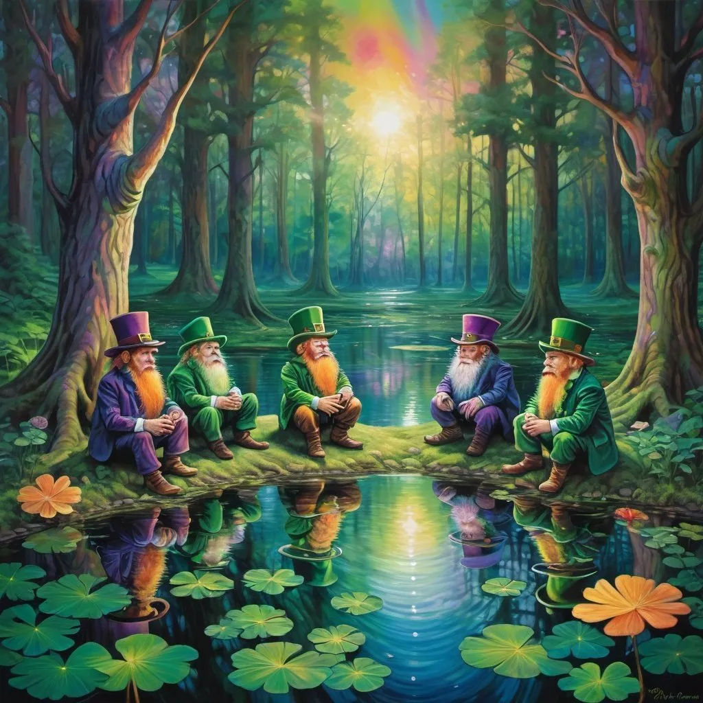 Prompt: gang of leprechaun characters in deep dark multicolor forest,Amidst a quiet forest glade, the waters of a serene pond shimmer with kaleidoscopic reflections of the changing sky above. Each ripple, a testament to the wind's whisper, reshapes the radiant colors, embodying the transient nature of introspection. 