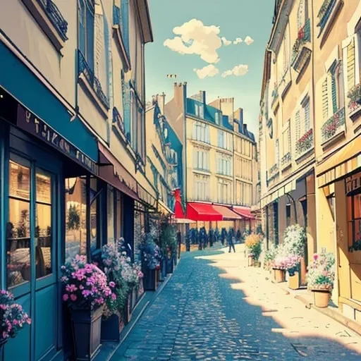 Prompt: Parisian street scene,  vintage color muted tones, colorful, French architecture, high contrast, bright and colorful atmosphere, detailed flowers, serene setting, vintage, high quality, high contrast, muted tones, colorful, detailed architecture, peaceful, French countryside, atmospheric lighting