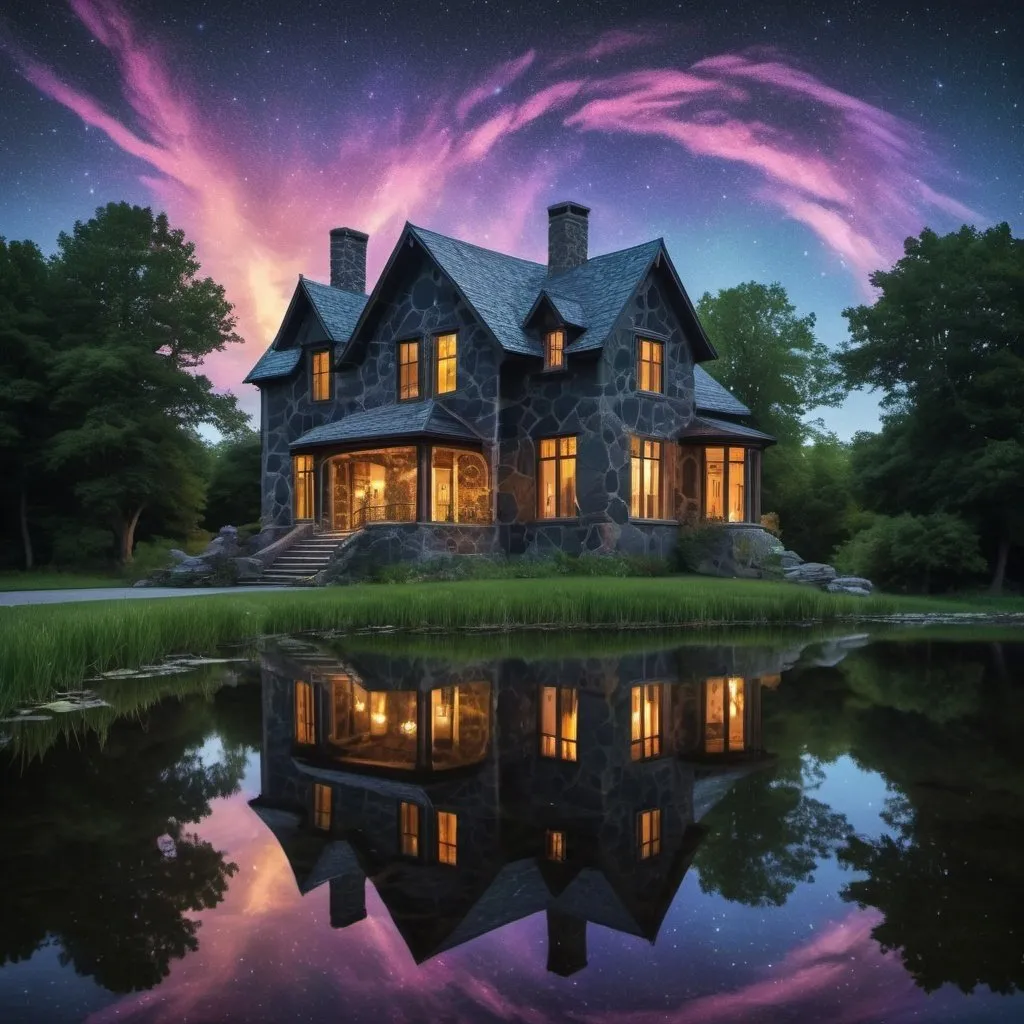 Prompt: large dark mysteriorus stone house along waters of a serene pond shimmer with kaleidoscopic reflections of the changing  dark night sky above. Each ripple, a testament to the wind's whisper, reshapes the radiant colors, embodying the transient nature of introspection. 
