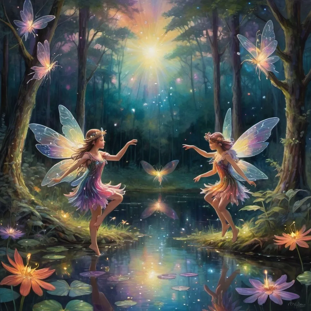 Prompt: small winged fairies characters dancing in deep dark multicolor forest,Amidst a quiet forest glade, fireflies in the background around the waters of a serene pond shimmer with kaleidoscopic reflections of the changing sky above. Each ripple, a testament to the wind's whisper, reshapes the radiant colors, embodying the transient nature of introspection. 