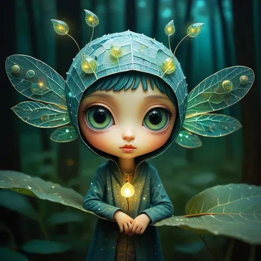 Prompt: art on a cracked paper, Double exposure detailed, mail art, Golden ratio, Chibi-style firefly, oversized eyes, glowing body, emitting soft light, resting on a delicate dew-covered leaf, shades of bioluminescent blues and greens, dark forest background, bokeh effect around point lights, illustration, highly detailed, vivid colors, ultra-fine. AlDeeb AlDeeb madness, by o.f.a., by aldeeb, Art Deco, by Nicoletta Ceccoli, Andy Kehoe, by Paul Cézanne, Kandinsky, Juan Gris patchwork, highly detailed unusual beautiful details, sunset, intricated lighting, luminism, light on the faces, sharp glowing eyes, intricated pose, dynamic poster, intricated,  tiny details masterpiece, high quality,