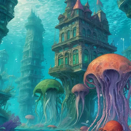 Prompt: Intense underwater seaweed city with brilliant multicolored huse, close up of octopuses, with towering crystals, Moebius style, manga, cel shaded, vibrant blues and greens, intricate details, luminous lighting, highres, ultra-detailed, underwater, art nouveau, Moebius, manga, cel shaded, intense blues, towering crystals, vibrant, luminous lighting