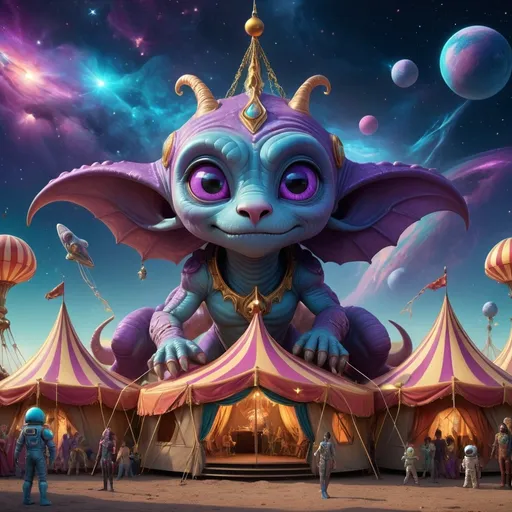 Prompt: (space circus with cute aliens and space animals), majestic, powerful, dominant, noble lineage of House Draconis, detailed ornate alien circus tents, outer space backdrop filled with vibrant, glowing nebulae, extraterrestrial acrobatics and performances, grandiose, regal atmosphere, deep, cosmic color palette with rich purples, blues, and sparkling starlight, ultra-detailed, 4K, cinematic lighting and contrast, intricate patterns and designs, awe-inspiring, captivating scene, dynamic composition, sense of wonder and enchantment.