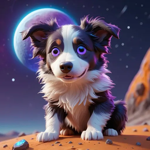 Prompt: ((best quality)), ((illustration)), ((masterpiece)), bright  colors, unreal engine, highres, cute alien border collie puppy creature on the surface of the moon, glowing blue orange and purple; meteor shower in background, highly detailed