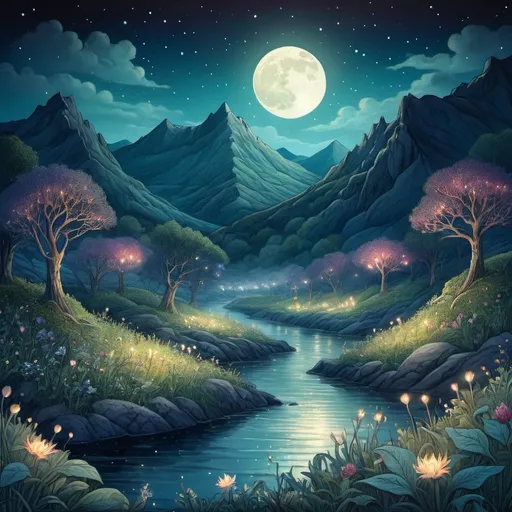 Prompt: Mountain with glowing river, in the style of William Morris, magical creatures, fireflies, moonlit flowers, highres, fantasy, ethereal lighting, detailed nature, mystical, moonlit river, enchanting atmosphere, glowing flora, serene, dreamlike, fantasy creatures, moonlit scene, magical beings, surreal, whimsical, illuminated hill, mystical setting, moonlit landscape, fairytale, vibrant colors, soft moonlight, illustration, photograph