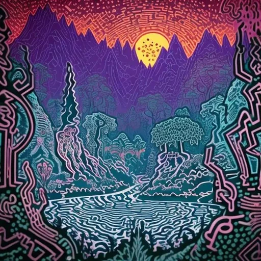 Prompt: Mountain with glowing river, in the style of Keith Haring
, magical creatures, fireflies, moonlit flowers, highres, fantasy, ethereal lighting, detailed nature, mystical, moonlit river, enchanting atmosphere, glowing flora, serene, dreamlike, fantasy creatures, moonlit scene, magical beings, surreal, whimsical, illuminated hill, mystical setting, moonlit landscape, fairytale, vibrant colors, soft moonlight, illustration, photograph