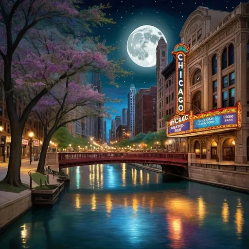 Prompt: Chicago theater district at night, moonlit river, bright, multicolored, William Morris style, enchanting atmosphere, glowing flora, serene, dreamlike, fantasy, hi-res, hyper realistic, fantasy, moonlit river, theater district, William Morris style, enchanting atmosphere, glowing flora, dreamlike, bright, multicolored, serene, hi-res, hyper realistic