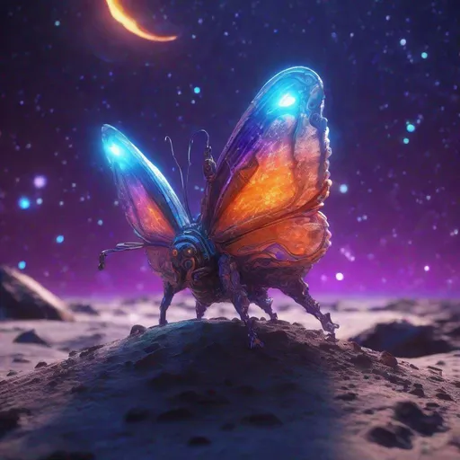 Prompt: ((best quality)), ((illustration)), ((masterpiece)), bright  colors, unreal engine, highres, cute alien butterfly
on the surface of the moon, glowing blue orange and purple; meteor shower in background, highly detailed