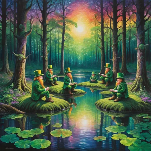 Prompt: gang of leprechaun characters in deep dark multicolor forest,Amidst a quiet forest glade, the waters of a serene pond shimmer with kaleidoscopic reflections of the changing sky above. Each ripple, a testament to the wind's whisper, reshapes the radiant colors, embodying the transient nature of introspection. 