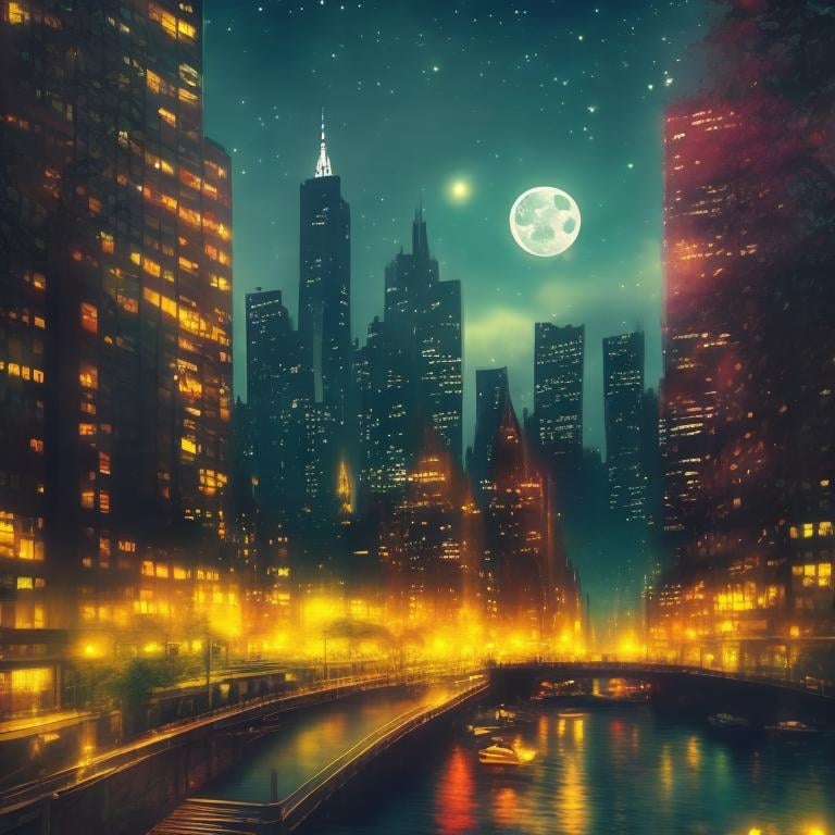 Prompt: NY City skyline at night with moonlit river, multicolored, enchanting atmosphere, glowing flora, serene, dreamlike, fantasy, hi-res, fantasy