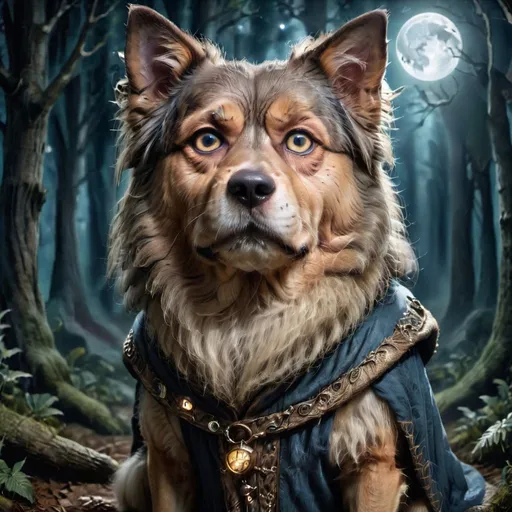 Prompt: Fantasy illustration of a wizard's dog, moonlit forest, mystical atmosphere, detailed fur with magical glows, intense and focused gaze, fantasy style, moonlight, deep forest, high quality, mystical, detailed eyes, magical, atmospheric lighting, enchanted, fantasy landscape, detailed fur with glowing accents