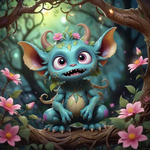 Prompt: anime-style digital painting of a cute monster creature, romantic and mystical atmosphere, intricate pose, highly detailed, complex background with tree branches and flowers, dynamic lighting and lights, filigree, best quality, highres, highly detailed, anime, fantasy, romantic, mystical, cute, digital painting, luminism, complex background, intricate pose, dynamic lighting, intricate design, professional, atmospheric lighting