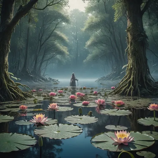 Prompt: vibrant colors, lotos flowers, mystic forest ,insanity scene from a movie , forest, dramatic shot angle,  atmospheric particles,
Real, raw cinematic photorealism, action portrait, 8k, detailed, centered, full frame
illustration of a lake, water lily, forest, fantasy art, intricate details, style Jean - Baptiste Monge, style Alan Lee, art by M A R I , ultra hd, realistic, vivid colors, highly detailed, UHD drawing, pen and ink, perfect composition, beautiful detailed intricate insanely detailed octane render trending on artstation, 8k artistic photography, photorealistic concept art, soft natural volumetric cinematic perfect light