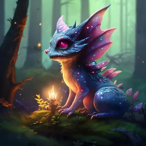 Prompt:  small multicolored creature with eerie pink glowing eyes, lurking in thick wooded stand of trees beside a tiny fantasy fairy cottage with firelight glowing in windows, muted moonlight, deep forest, high quality, dark and eerie, detailed eyes, atmospheric lighting